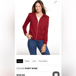 Talbots Full Zip Cardigan Sweater in Port Wine Size XL Gold Tone Hardware